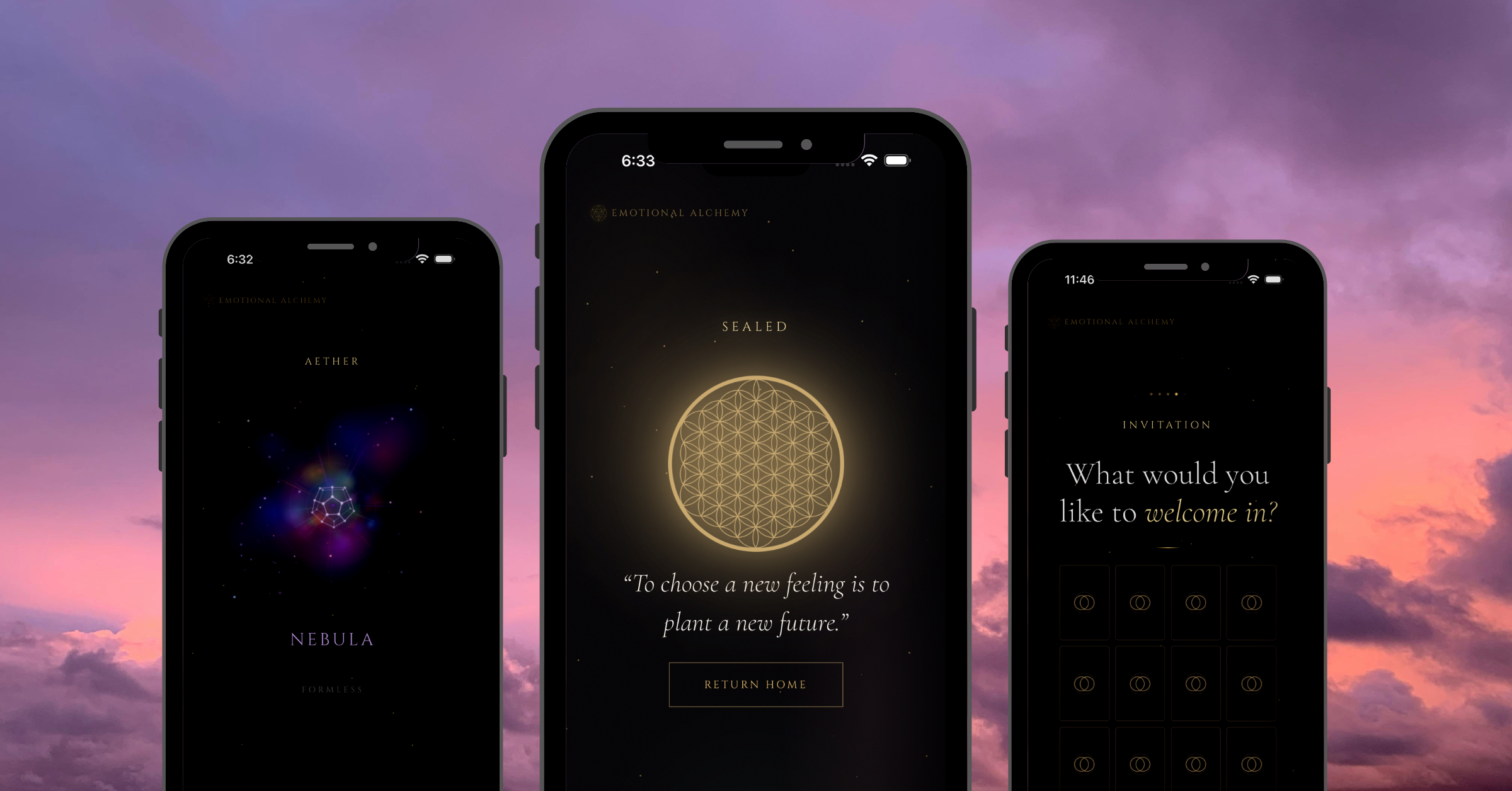 Emotional Alchemy app screens — Aether element, Sealed completion, and Invitation card