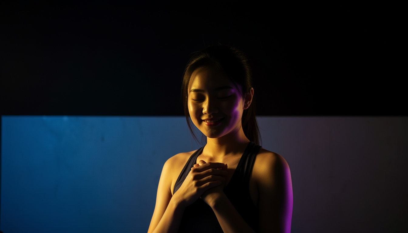 Woman with eyes closed, hands resting on her heart